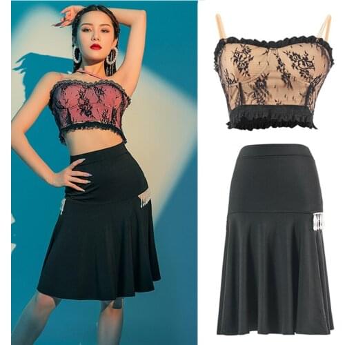 Summer Latin Dance Costume Sexy Sexy Slanted Straps Lace Top Pearl Decoration Black Skirt Feamle Ballroom Dance Costume SL5145