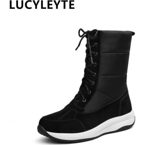 Fashion leather warm ladies breathable snow boots winter lace-up plush fluffy winter boots waterproof thick-soled non-slip boots
