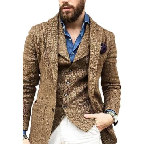 Khaki Business Men Suits Slim Fit Tweed Herringbone Notch Lapel Jacket Tuxedo Groom Suits For Men Wedding 2 PCS Jacket & Vest