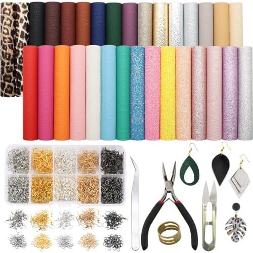 Leather Earring Making Kits with 31 Pieces Faux Leather Sheets,Earring Hooks Jump Rings Tools for Earrings Making Crafts