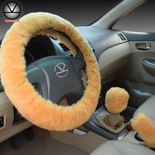 KAWOSEN 1 Set 3 Pcs Winter Warm Wool Steering Wheel Cover Handbrake Cover Gear Shift Cover 38cm diameter Cute Wool Cover WSWS02