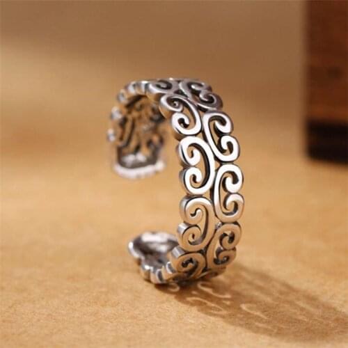 Season Gate 925 Sterling Silver Retro Hollow Out Flowers Pattern Punk Personality Adjustable Size Open Ring SR187