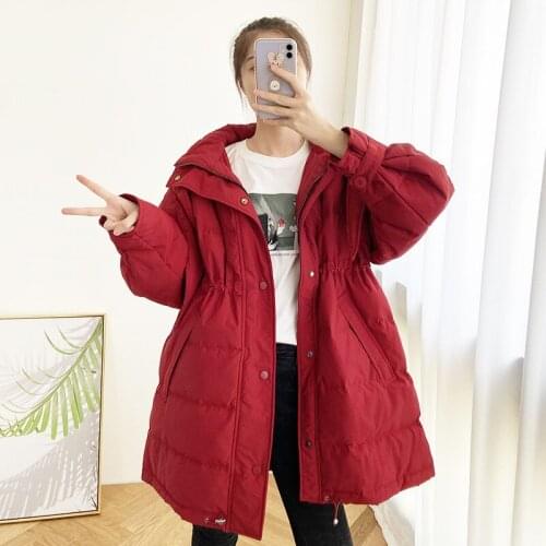 Down Jacket Womens Mid-Length 2020 New Korean Style Loose Waist White Duck down Thickened Winter Coat