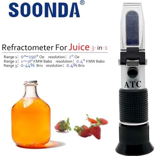 3-in-1 Refractometer For Fruit Juice 0-190°OE Tester 0-44% Brix Sugar Concent Meter Tester Detector 0～38°KMW Babo Juice Meter