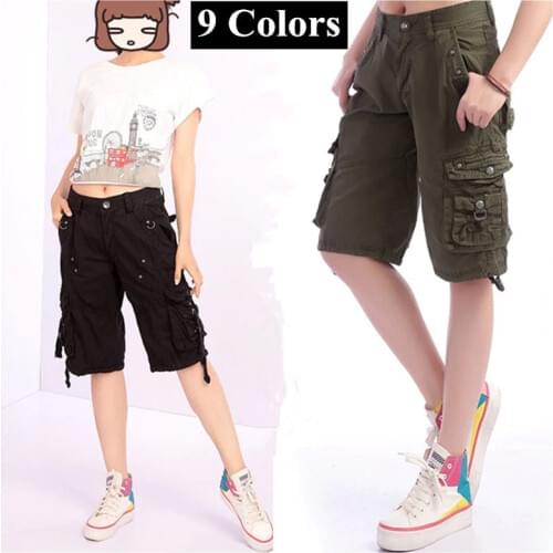 Summer Outdoor Sports Big Size Baggy Shorts Straight Hiking Knee Length Short Trouser Womens Multi Pocket Overalls Cargo Shorts