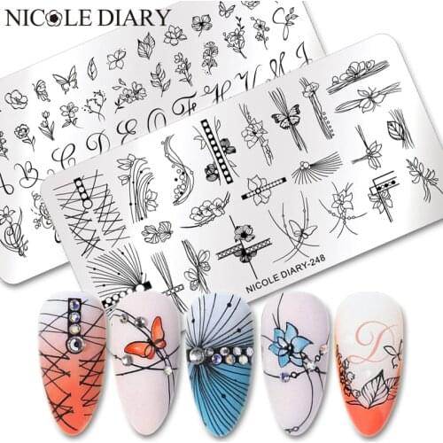 NICOLE DIARY Butterfly Flower Line Nail Stamping Plates Stripe Leaf Printing Stencil Geometric Stamp Templates