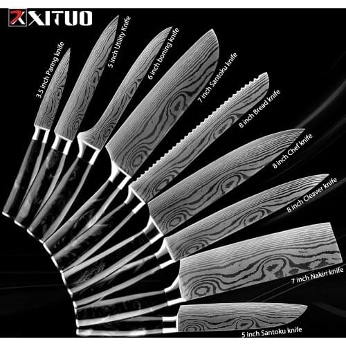 XITUO Japanese Kitchen Knife Set Laser Damascus Pattern Stainless Steel Sharp Cleaver Slicing Bread Nakiri Knives Cooking 1-9PC