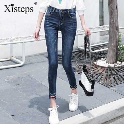 Xisteps Women Casual Ankle Length Slim Fit Stretch Jeans Girl Skinny Female Washed Leggings Blue Denim Skinny Pencil Pants