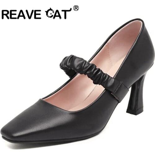 REAVE CAT New 2021 Women Pumps Square Toe 7.5cm Block Heels Classic Concise Simple Big Size 48 Casual Office Black Summer A3835