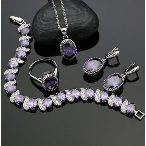 925 Silver Jewelry Sets For Women Party Accessories Purple Cubic zirconia Drop Earrings/Rings/Bracelet/Pendant/Necklace Set