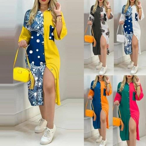 50% Hot Sales Women Dress Single-breasted Color Block Floral Print Loose Midi Dress Streetwear for Office