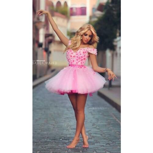 2015 Stunning Rose Flowers Pink short Prom Dresses Off Shoulder Lace Applique Crystal Beads Backless Lace Up prom gowns party