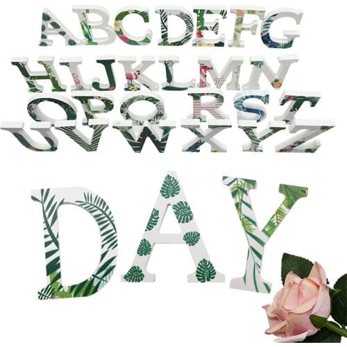 A-Z Letter Wood Crafts English Letters Tropical Plant Leaf Printed Wooden Ornament DIY Birthday Home Party Table Decor Ornaments
