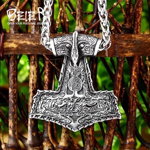 Beier Beier necklace Men Thor Hammer Mjolnir Viking Amulet Hammer Scandinavian Pendant Norse pendant Jewelry LLBP8-258P