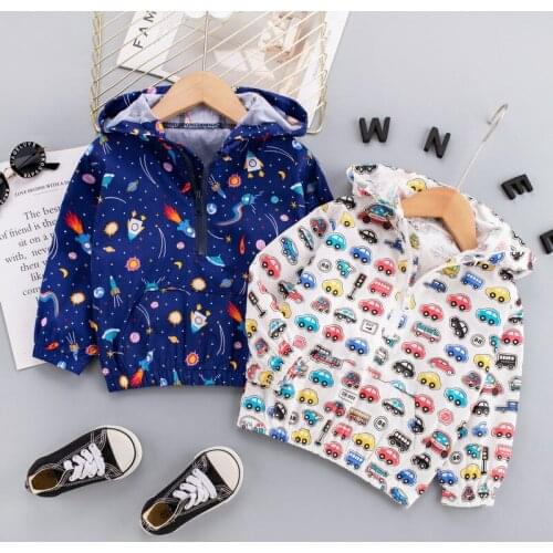 Autumn Spring Baby Boys Full Printing Cartoon Hooded Jacket Fashion Windproof Zipper Jacket Kids Casual Toddler Girls Clothing