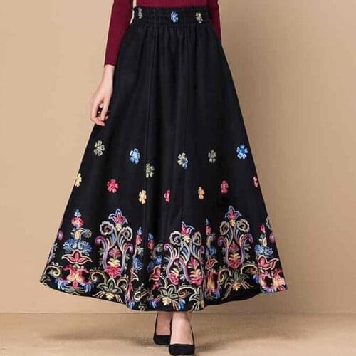 Fairyshely 2020 Autumn Winter High waist Maix Pleated skirt Retro woolen Floral embroidered skirt Red Long skirt plus size 3XL