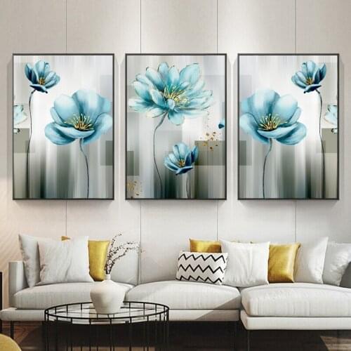 Abstract Blue Flower Canvas Painting Modern baby blue Wall Art Picture for Living Room Gold Poster Print Cuadros Salon Decor