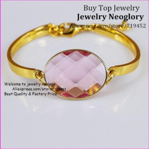 10PCS Beautiful Pink Oval Faceted Glass Quartz Bracelet Bangle Crystal Glass Bezel Quartz Connector Bracelet Women Charm Bangle