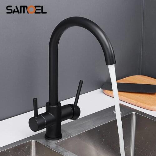 Brass Matte Black 3 Way Kitchen Sink Faucet Mixer Deck Mount Two Handle Kitchen Healthy Drinking Water Tap B3354