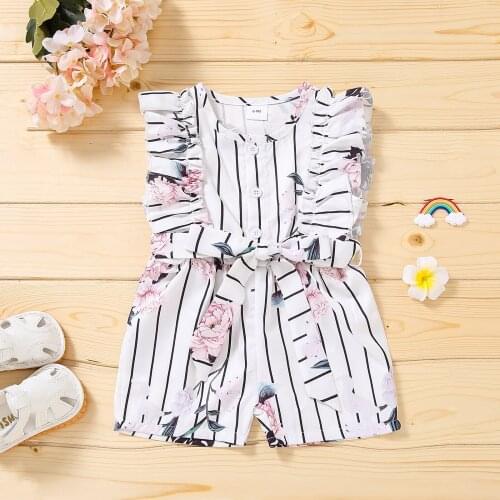 Summer Ruffles Jumpsuits For Baby Girls Floral Sleeveless Stripe Print Romper Short Jumpsuit with Waistband Infant Kids Outwear