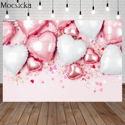 Mocsicka Valentines Day Pink White Love Heart Balloon Photography Background Wedding Romantic Art Photo Backdrop Props Studio