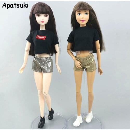 Fashion Doll Clothes Set For Barbie Doll Outfits Black Short Top T-Shirt Metallic Leather Shorts For Blyth Doll Accessories 1/6