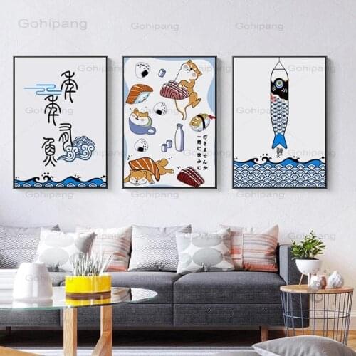 Cartoon Poster Creative Animal Fish Painting Japanese Style Print Wall Art Picture for Dining Room Sushi Place Restaurant Decor