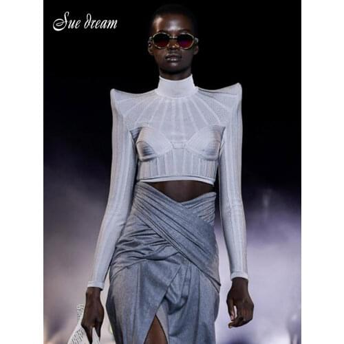 2021 New Fashion High Neck Stripe Stitching Long Sleeve Short Bandage Top Celebrity Party Club Top