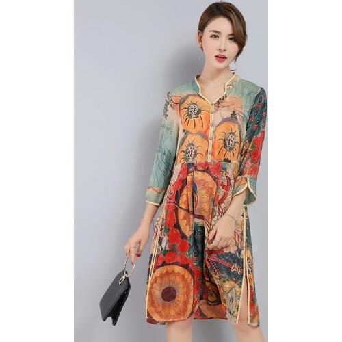 New Fit Basic Retro Ethnic Style Printed Mulberry Silk Dress Large Size Loose Half Sleeves Elegant Vintage Summer Holiday