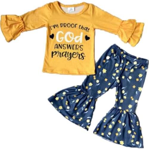 Fall/winter baby gilrs children clothes God yellow floral flared pants suit outfits set