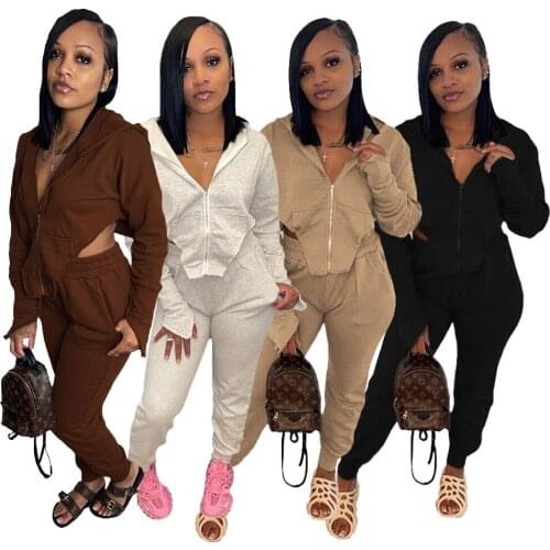 Autumn Hooded Women Tracksuit 2 Pieces Sets Long Sleeve Zipper Up Top and Long Pants Asymmetric Casual Solid Streetwear for 2021