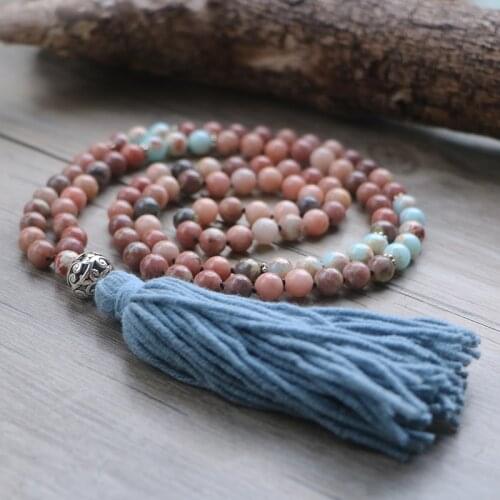 Pink & Blue Stone Spiritual Yoga Necklace Women 108 Beads Tassels Mala Necklace Meditation Jewellry Bojioux