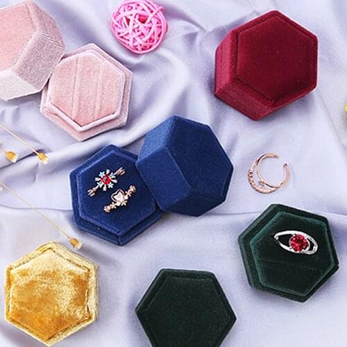 Velvet Jewelry Box Double Ring Hexagon Shape Storage Box Wedding Ring Display For Woman Gift Earrings Packaging