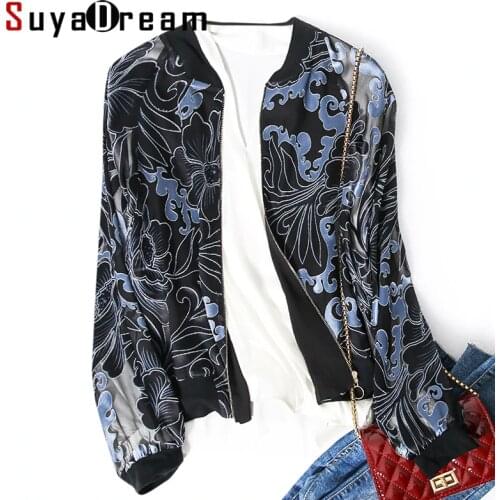 SuyaDream Women Jacket 100%Real Silk Zipper Up Jacquard Jackets 2020 Fall Winter New Pattern Outwear Black