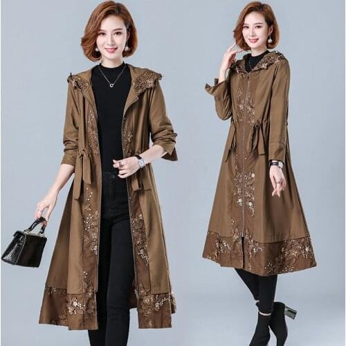 Womens Trench Coat Spring Autumn Middle aged Mother High-end Windbreaker Female Long Lace Splicing Outerwear Ladies Coats Tops