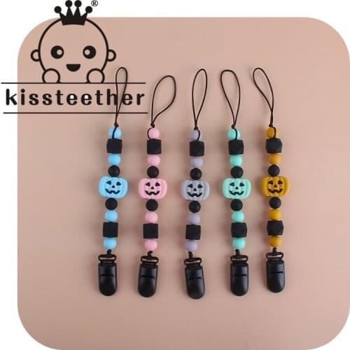Kissteether New Dummy Clip Infant Pacifier Clips pumpkin Bead Pacifier Chain Holder with Baby Teether Set Baby Halloween Gift