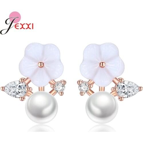 Fine 925 Silver Stud Earrings Round Pearl Seashell Flower Tree Branch Pendientes Jewelry for Women Wedding Engagemement