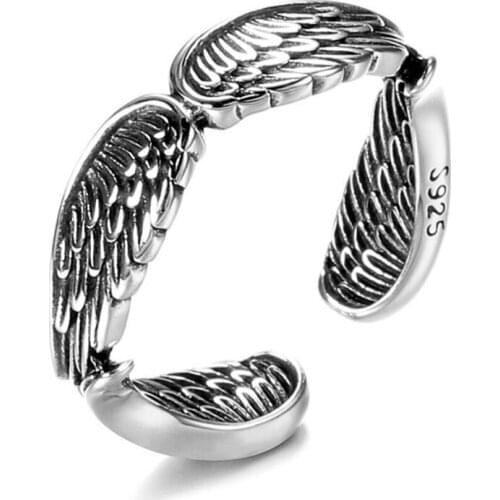Sole Memory Vintage Feather Angel Wings 925 Sterling Silver Female Resizable Opening Rings SRI876