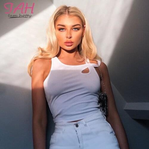 IAMHOTTY White Solid Tank Tops Women Sleeveless Skinny Sexy Cut Out Crop Top Streetwear Casual Summer Clothes Women Kerean Style
