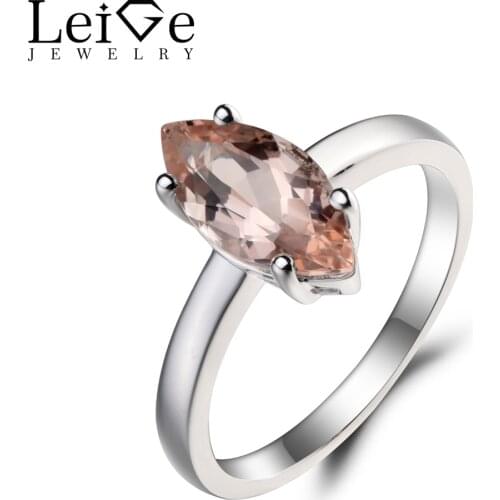 Leige Jewelry Solitaire Ring Engagement Ring Natural Pink Morganite Ring Marquise Cut Pink Gemstone 925 Sterling Silver Ring