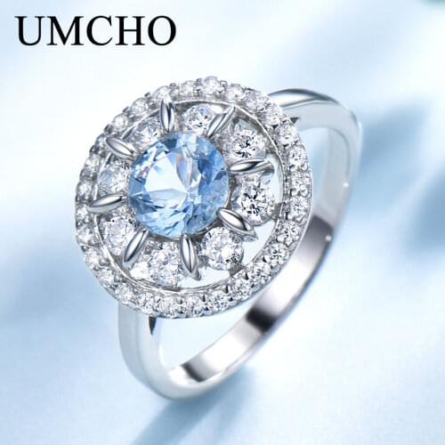 UMCHO S925 Sterling Silver Rings for Women Sky Blue Topaz Ring Gemstone Aquamarine Cushion Romantic Gift Engagement Jewelry