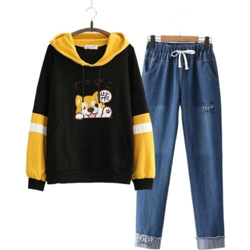2021 Winter Women Two Piece Set Cartoon Embroidery Harakuju Hooded Sweatshirts And Elastic Waist Embroidery Denim Pants