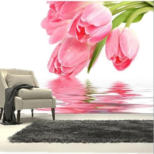 The custom 3D murals,beautiful fresh tulip on the water surface ,living room sofa TV wall bedroom background wall paper
