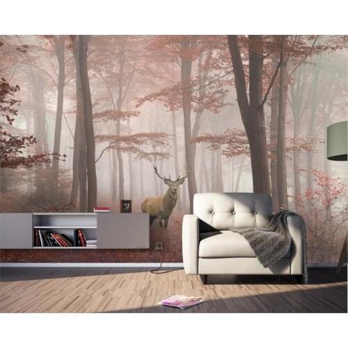 Beibehang Custom wallpaper fresh simple beautiful forest big tree morning fog elk fresco tv couch background wall 3d wallpaper