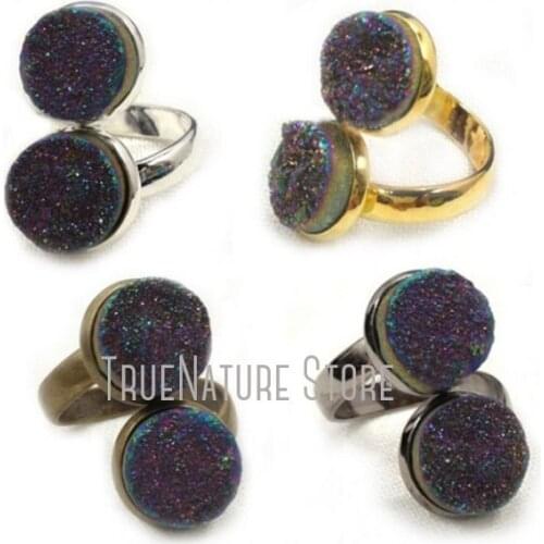 5Pcs RM21942 Rainbow Adjustable Jewelry Titanium Jewelry Crystal Rings Coin Shape Titanium Rainbow Plated Crystal Ring