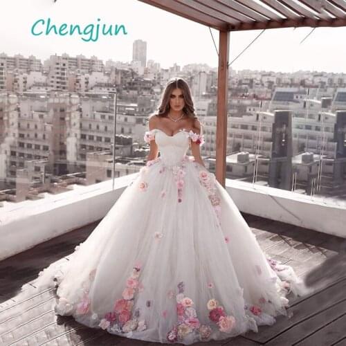 Chengjun Sweetheart Off Shoulder Tulle Flowers Ball Gown Ivory Wedding Dress
