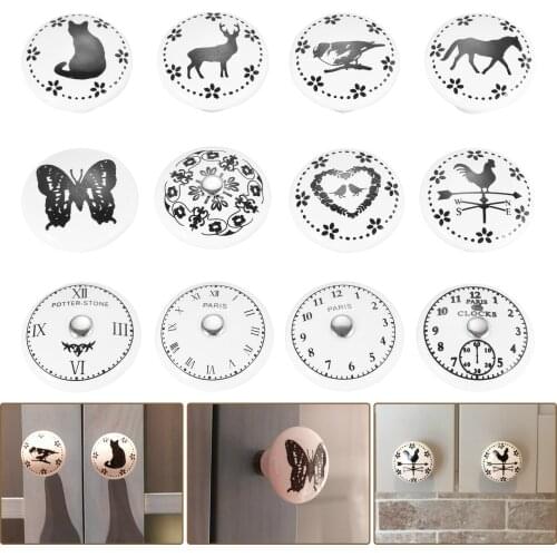 1PC Black/White Printed Decorative Round Ceramic Knob 38*32mm Cabinet Hardware Modern Wardrobe Furniture Door Handle Drawer Pull