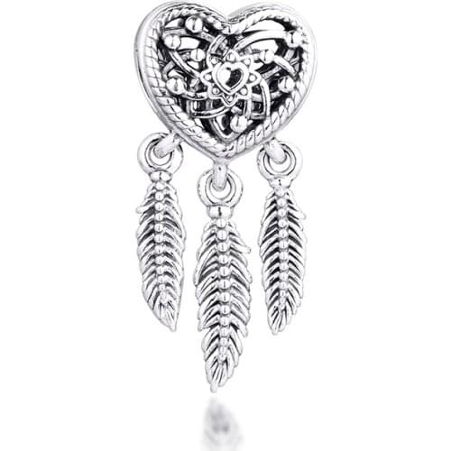 CKK Silver 925 Jewelry Openwork Heart & Three Feathers Dreamcatcher Charm Fits Original Bracelets Sterling Silver Beads