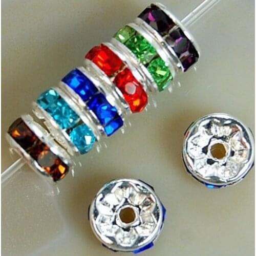 F23ft 8mm Mixed Color Lot Rhinestone Rondelle Spacer, Silver Plated OWO Loose Beads Fit Charm Bracelet