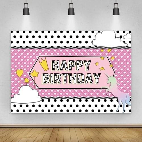 Girl Princess Photography Backdrops Black Dots Happy Birthday Unicorn Cartoon Cake Table Decor Photo Backgrounds
